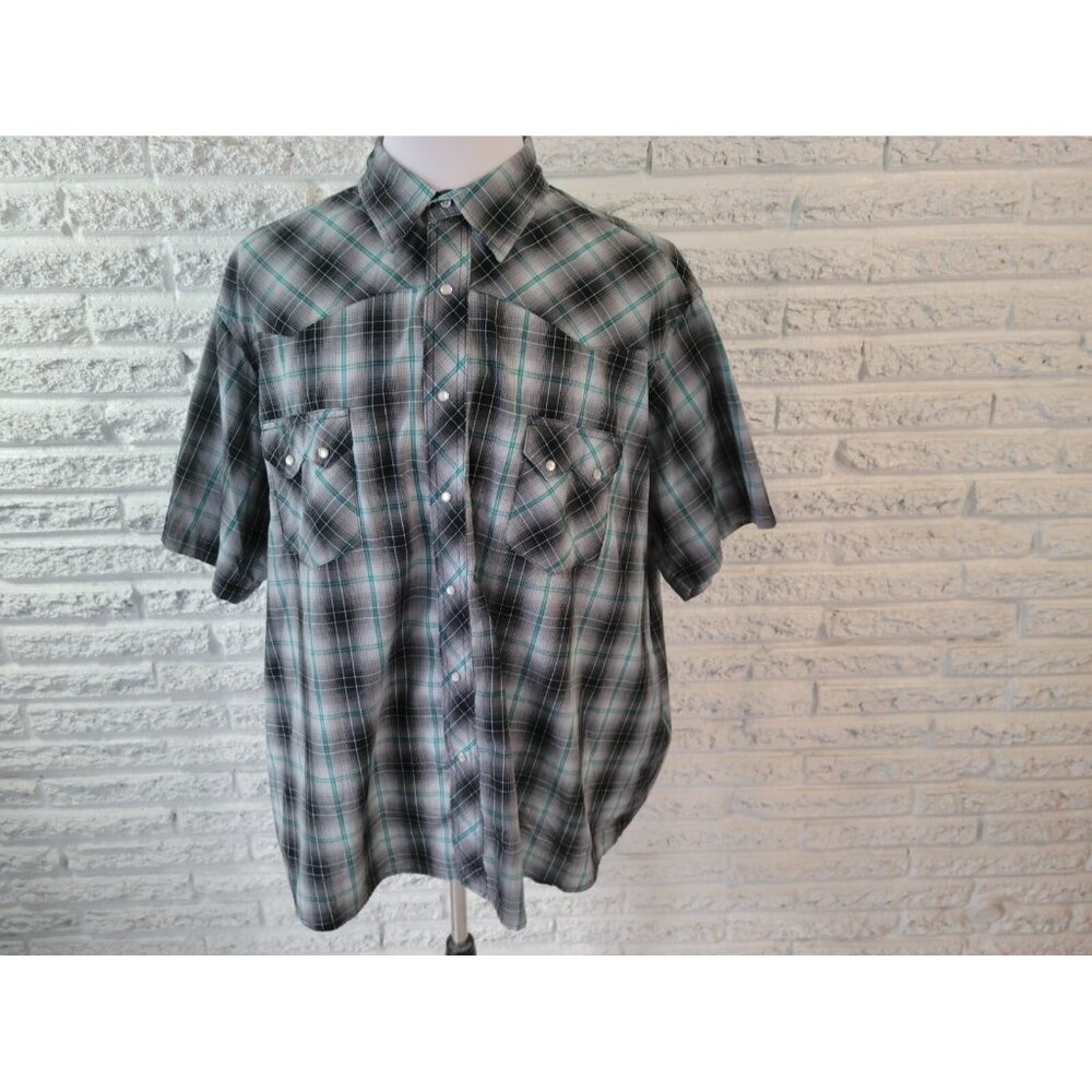 Wrangler Mens Shirt 3XL Western Snap Up Collar Black Blue Plaid Rodeo PLA37XE